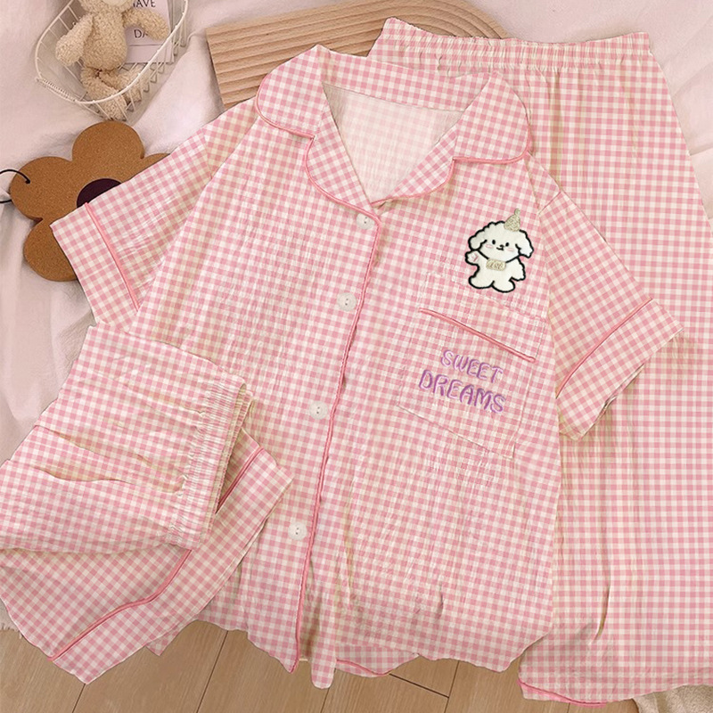 Spring and summer new cloud cotton powder plaid puppy pajamas women's summer short sleeve home clothes three-piece set real shot wholesale