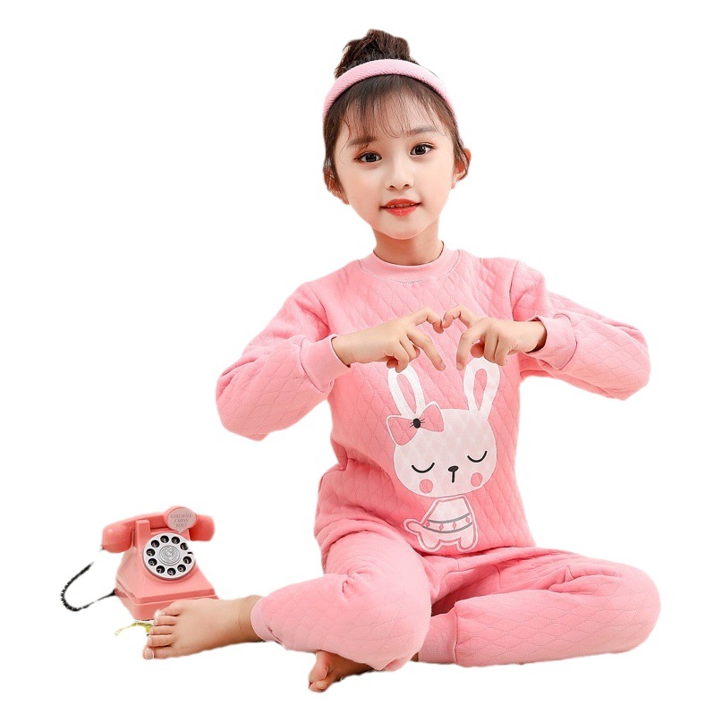 Winter new children's underwear quilted three-layer warm thickened suit half collar children's hollow cotton autumn clothes long pants