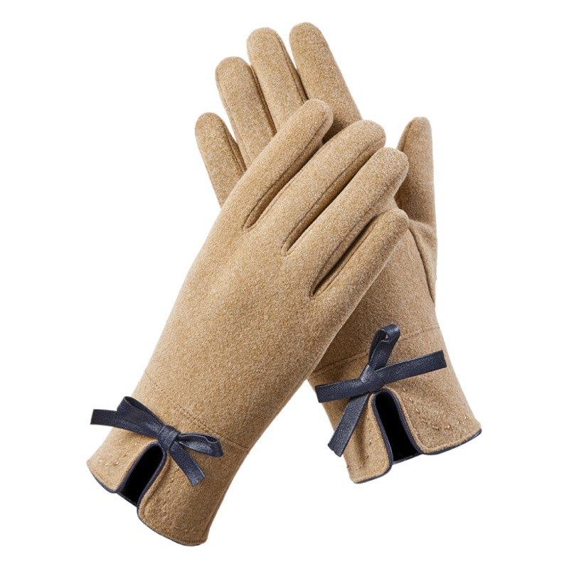 De Rong Warm Gloves Women's Autumn and Winter fleece-lined Warm Bow Outdoor Riding Driving Touch Screen Xinji Gloves D6