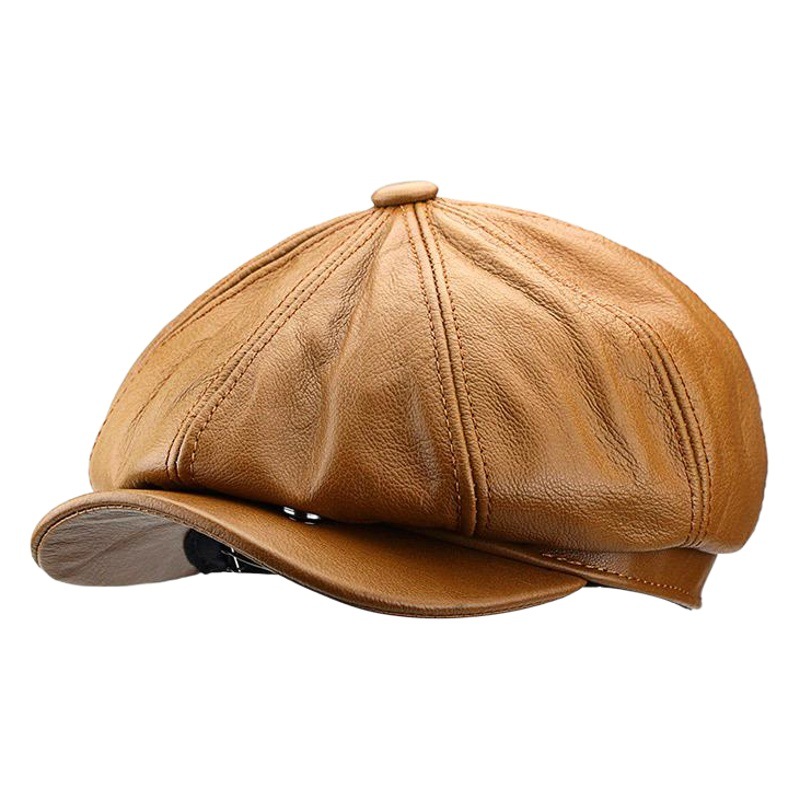 Autumn New Genuine Leather Hat Men's Beret Newspaper Boy Cap Forward Cap British Cowhide Octagonal Cap Women's Cap Trendy