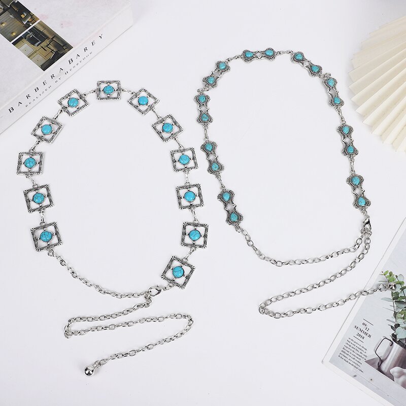 European and American Retro Old Metal Waist Chain Women's Turquoise Inlay Carved Belt Ethnic Style dress All-match Chain