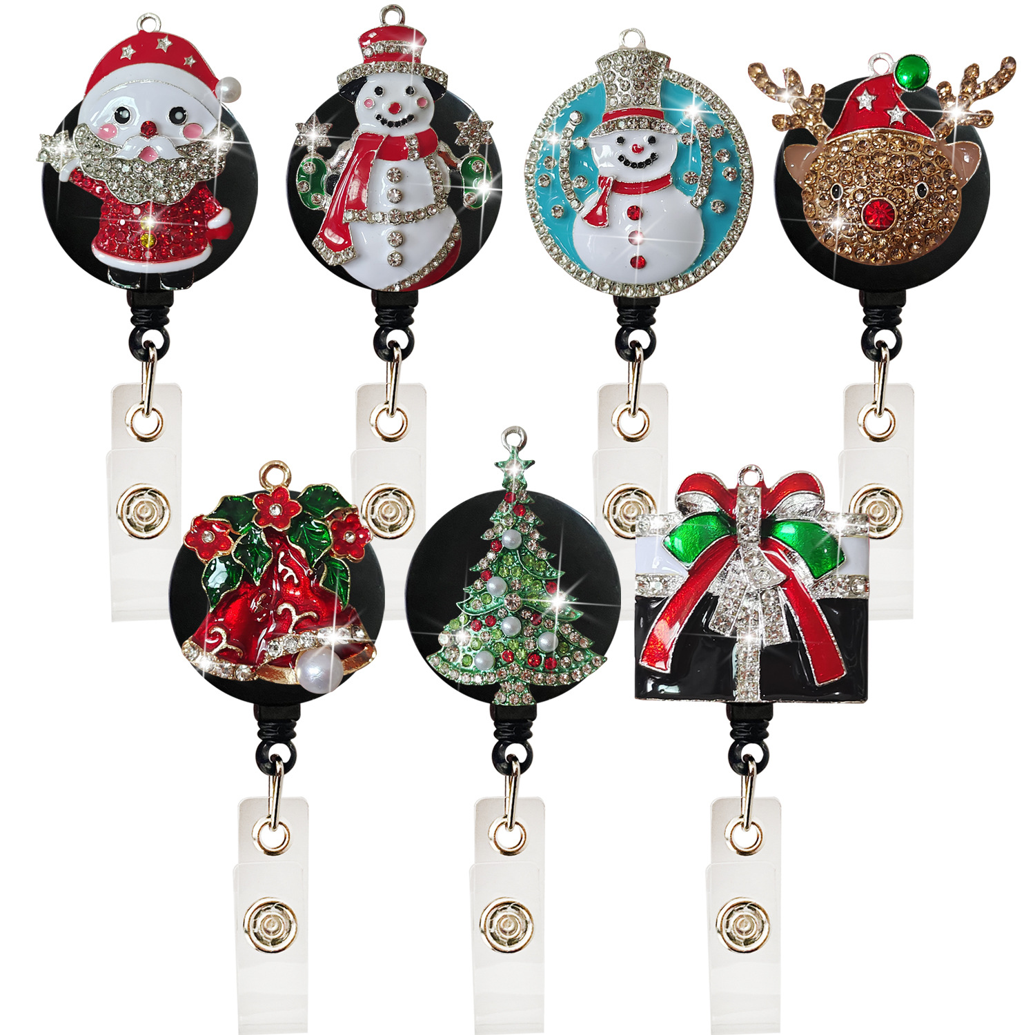 New alloy rhinestone Christmas retractable easy pull buckle certificate wire puller rotating crocodile clip badge card holder
