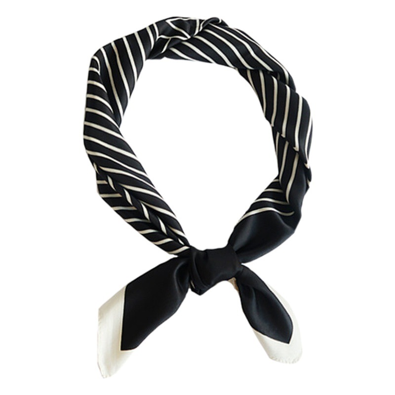 Silk Scarf Square Scarf Advanced Sense Black and White Stripe Printed Imitation Silk 70 Small Square Scarf Ins Style Simple Gift Box Scarf