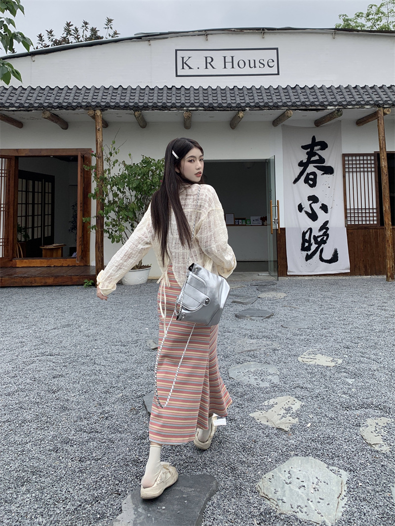 Picture of Dopamine Rainbow Stripe Knitted Sling dress Women's Summer Dali Seaside Vacation Postmom's Hip Vest Long Skirt