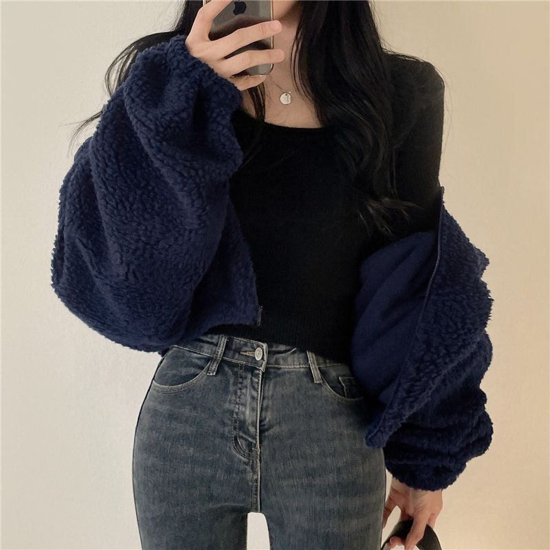 Picture of Korean Style Short Vertical Collar Warm Imitation Lamb Velvet Jacket Women's Autumn and Winter New Loose Zipper Cardigan Top