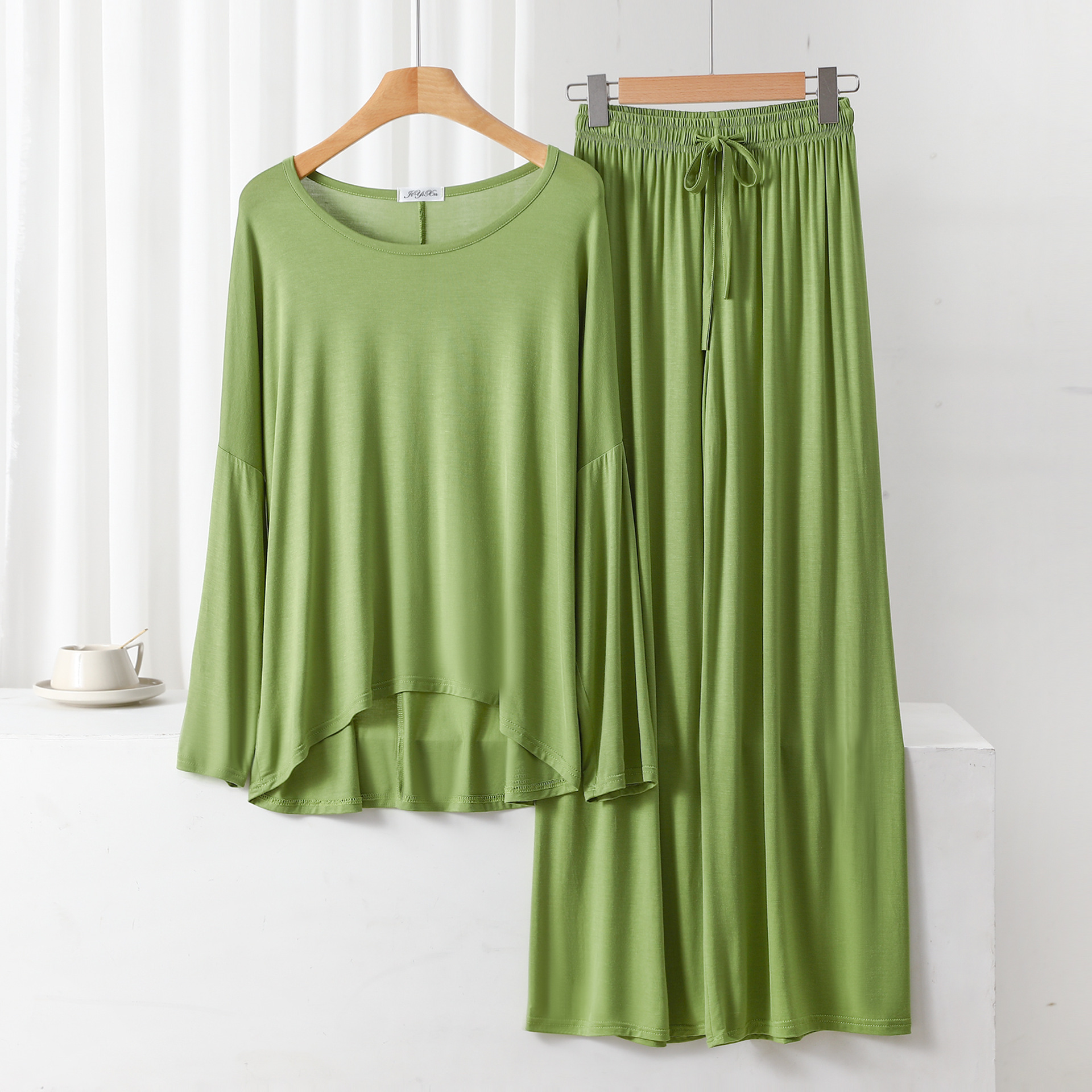 Modal thin batwing sleeve suit women's summer plus size long sleeve trousers simple loose homewear pullover