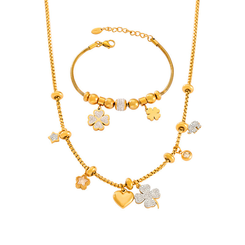 Picture of Korean Style Ins Style Fashion Transfer Beads Bracelet Necklace Internet Celebrity Design Simple Four-leaf Flower Diamond suit Niche Female