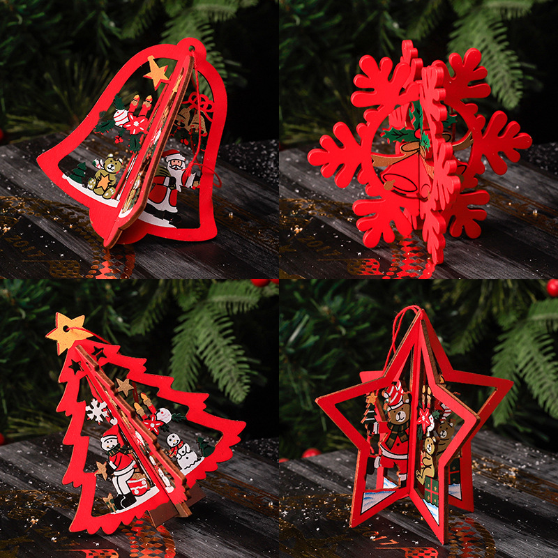 Cross-border New Christmas Santa Claus Gift Three-dimensional Bells Snowflake Crafts Christmas Tree Wooden Pendant