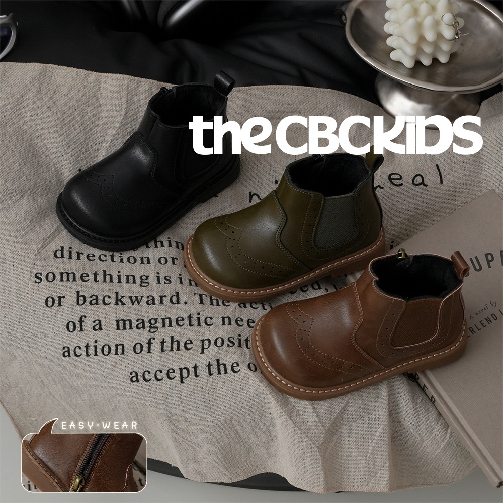 Xshx "London Brogue" Kidsren's Martin Leather Boots for Boys and Girls Side Zipper Chelsea Boots [Wenzhou Shoes]