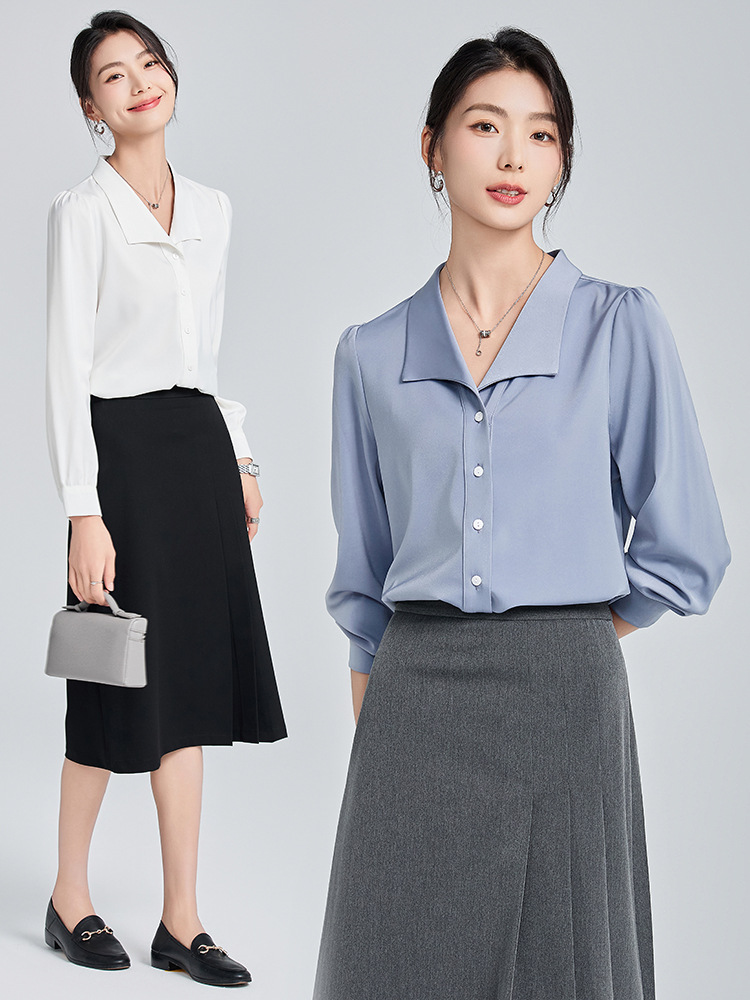 Grey Half Open Collar Shirt Women's Spring and Autumn Workplace Commuter Wear Interview suit Chiffon White Shirt Professional Dress