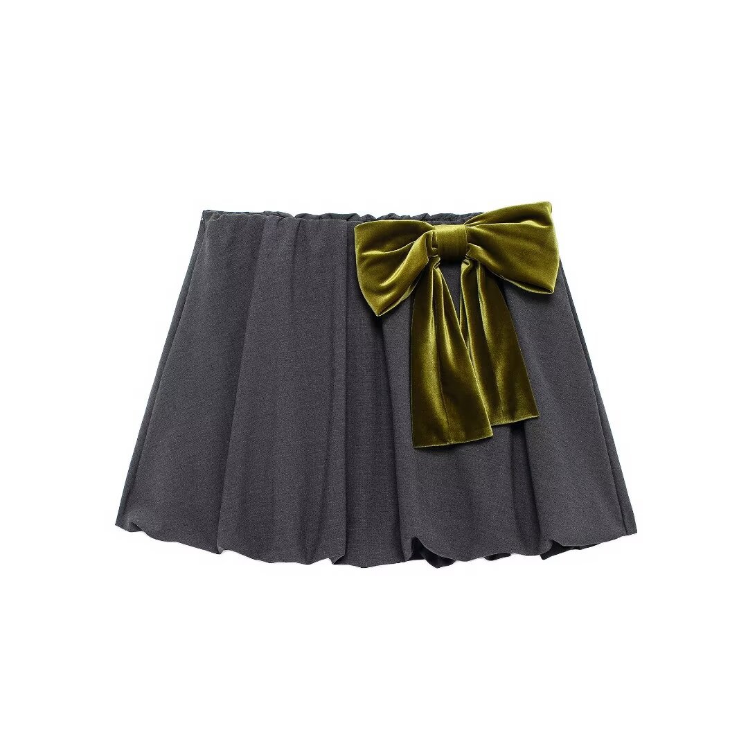 European and American Cross-Border Wholesale 2024 Autum New Bow Decorated Balloon Version Mini Skirt A-Line Skirt