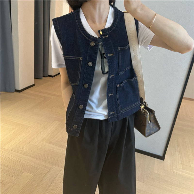Picture of Vintage dark blue Round Neck Korean Style Short Denim Vest Women's Spring and Autumn New Arrival Styline Sleeveless Vest