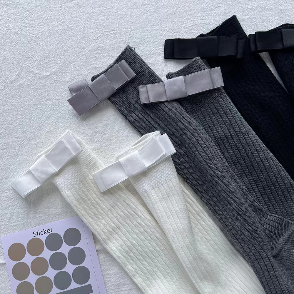 French Style Shin Socks Grey Vertical Stripes Slimming All-match Bow Show Mid-tube Stacked Socks Japanese Style Mid-tube Socks