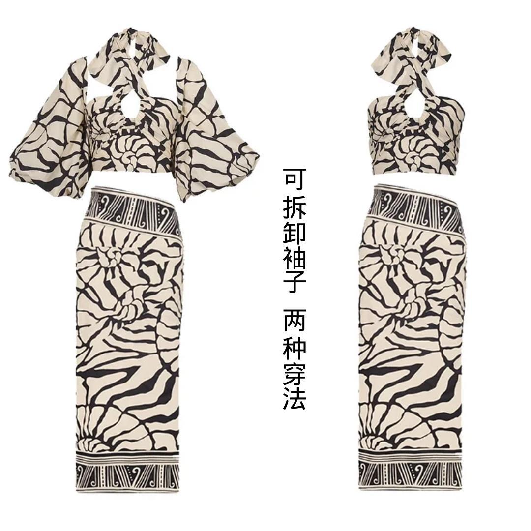 2024 European and American New Swimwear Halter Neck Detachable Sleeves Printed One-Piece Swimsuit Suit for Women Cross-Border Hot Model 2394