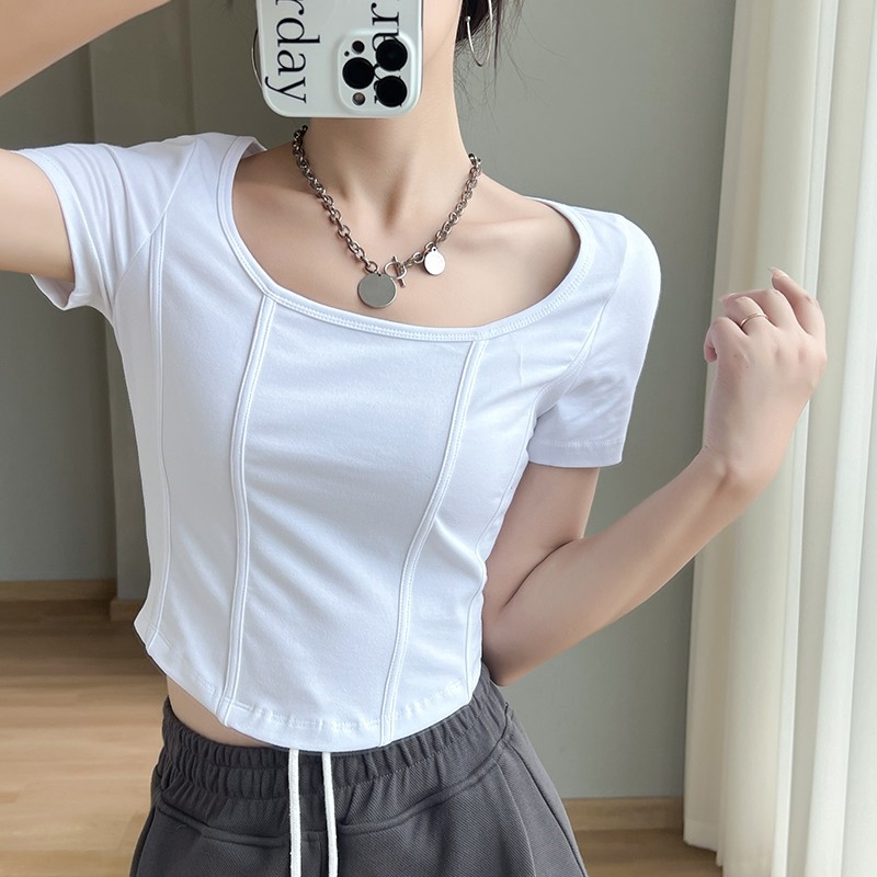 Picture of [95 Cotton 5 Spandex] Shoulder Fish Bone Short Sleeve T-Shirt Women's Summer Slim-fit Niche Slimming Short Pure Sweet Top
