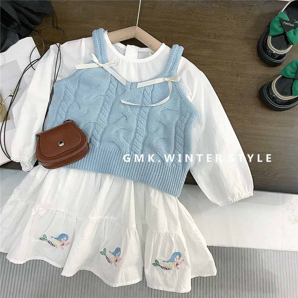 South Korea children's clothing girls spring and autumn blue bow wool vest female baby mermaid embroidered dress foreign trade