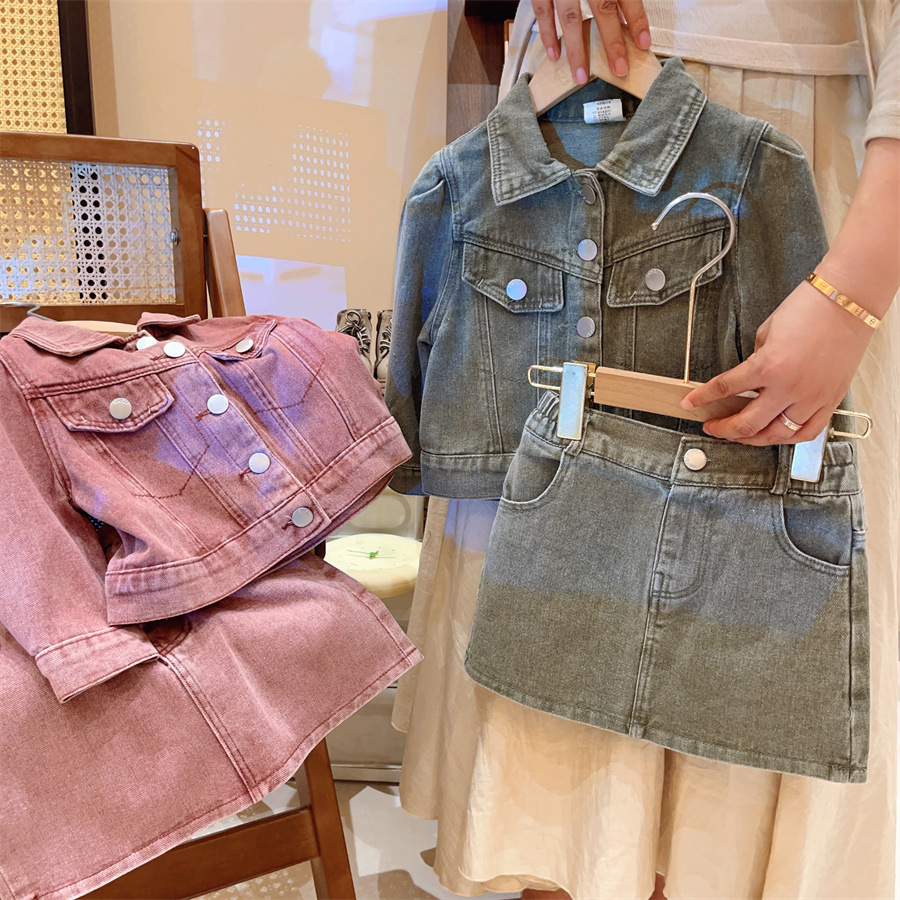 Children's Clothing Set, Girls' Fashionable Denim Suit, Spring and Autumn Clothing, Jacket, Denim Jacket, Short Skirt, Two-Piece Set