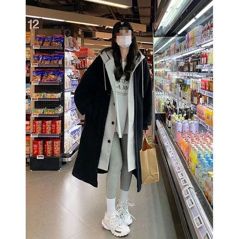 South Korea chic autumn and winter New long coat lambswool versatile loose fashion coat ins fashion