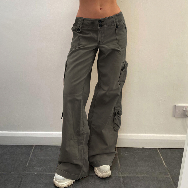 American street vintage jeans, multi-pocket versatile cargo pants, hot girls, low-rise solid color loose casual pants for women