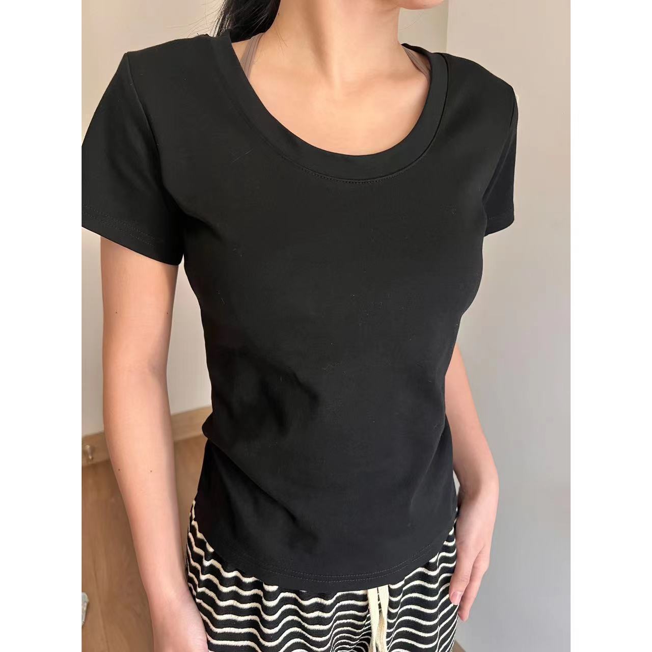 Picture of Right Shoulder Short-Sleeved U-Neck T-Shirt Women's Summer 2025 New Rayon Slim Low Round Neck Basic Bottoming Top