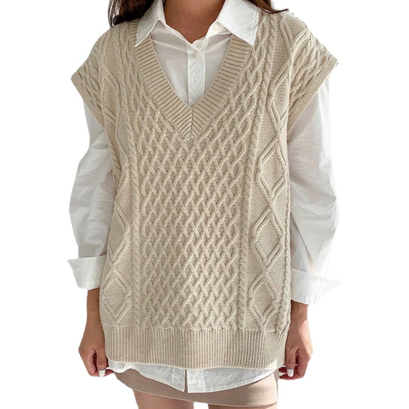 Picture of Ready-Made Sweater Customized Cross-Border Foreign Trade European and American Amazon Solid Color Cable Loose Casual Cable Knitted Vest for Women
