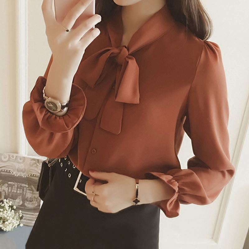 Bow White Shirt for Women 2025 Spring and Autum New Korean Style Chiffon Shirt Retro Loose Long-Sleeved Top