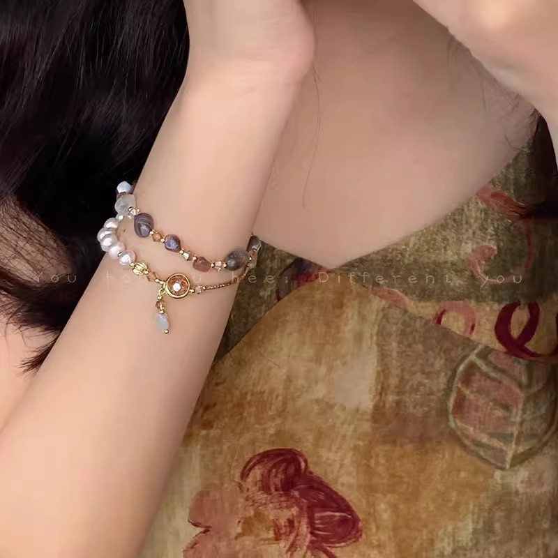 Double-layer Crystal Pearl Beaded Bracelet Women's Light Luxury Vintage Stacked Bracelet Ins Niche Design High-grade Hand Jewelry
