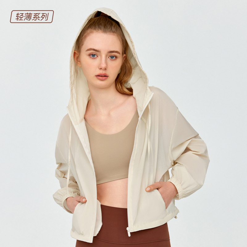 European and American Stand-Up Collar Hooded Yoga Jacket for Women, Lightweight, Breathable, Cool, Fitness Long-Sleeved, Loose, Casual and Versatile Skin Shirt