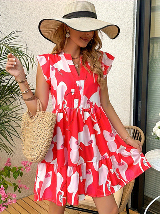 Amazon Hot Selling European and American Spring and Summer Sweet Small Flying Sleeve Floral Printed dress