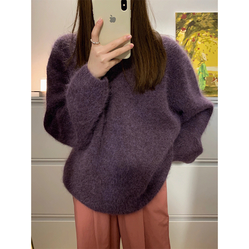Purple Soft Waxy Raccoon Velvet Pullover Knitwear for Women Thickeneded Winter Lazy Style Loose High-End Round Neck Inner Knitwear