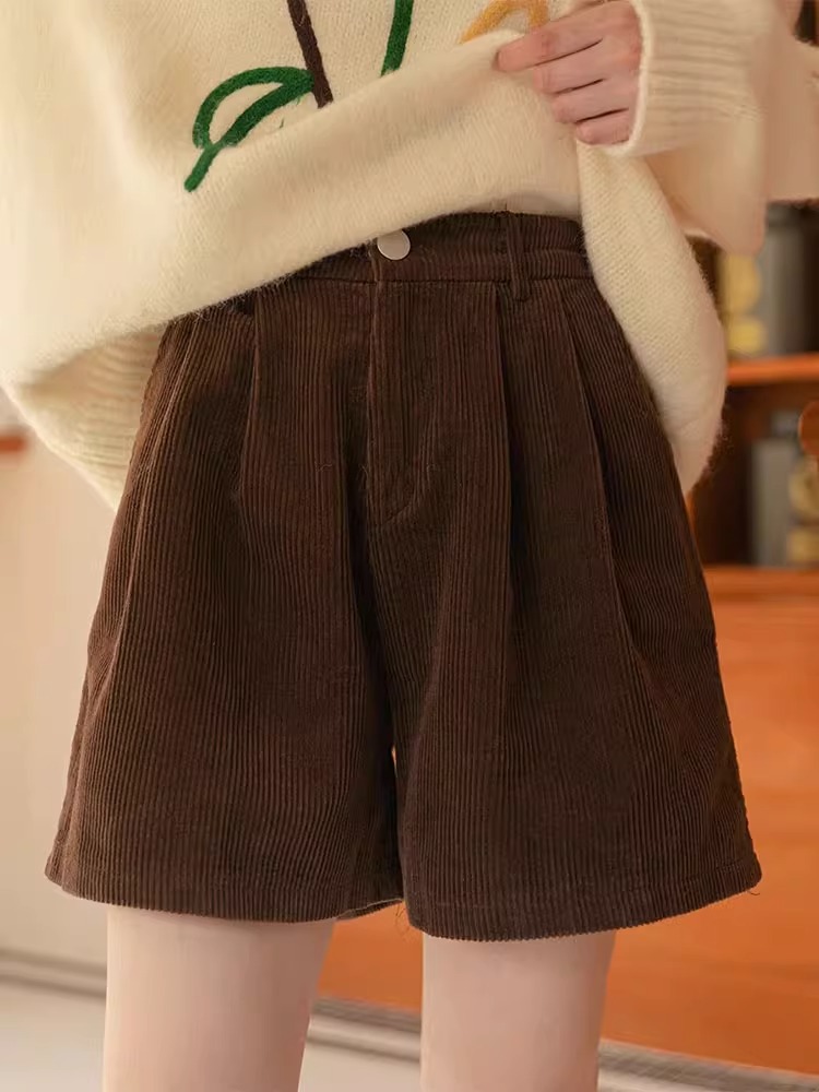 2023 Autumn and Winter Corduroy Shorts Women's High Waist Slimming Wide Leg Pants Fashionable Korean Retro A- Shoe Pants