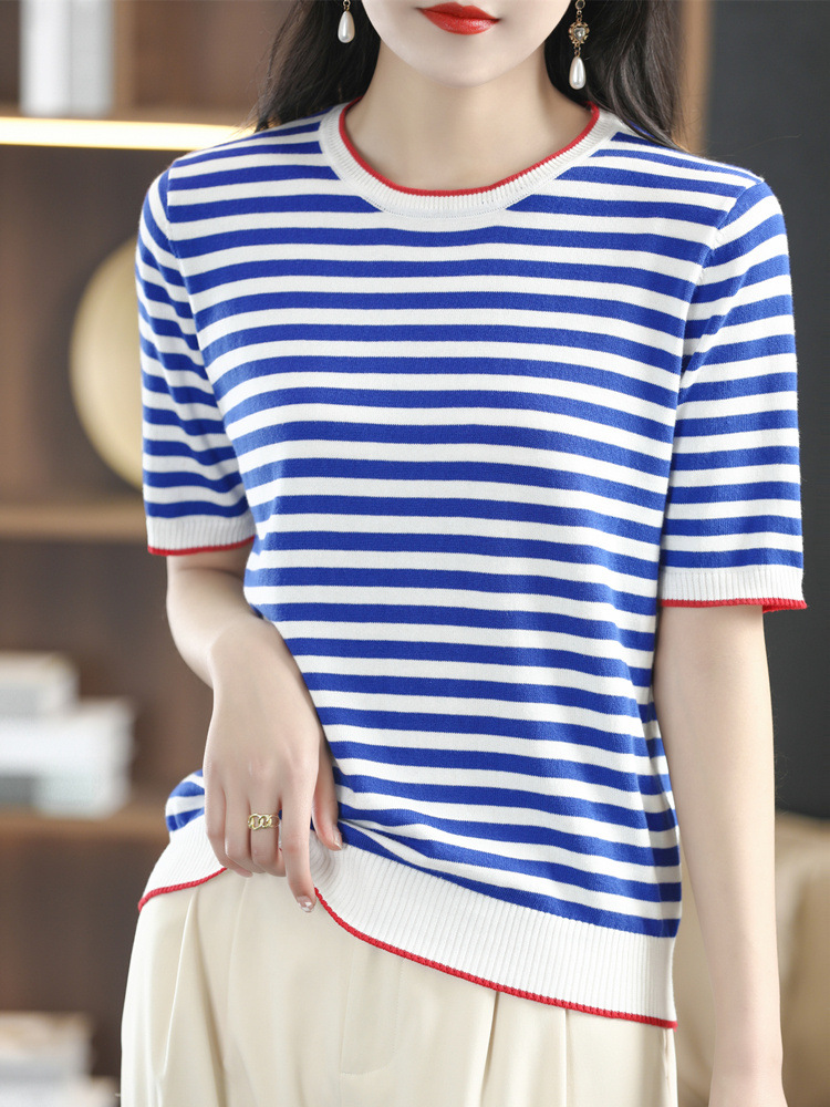 Summer New Pure Cotton Striped Knitted Short-Sleeved Round Neck Contrasting Color T-Shirt Women's Loose Slimming Look Cotton Bottoming Shirt