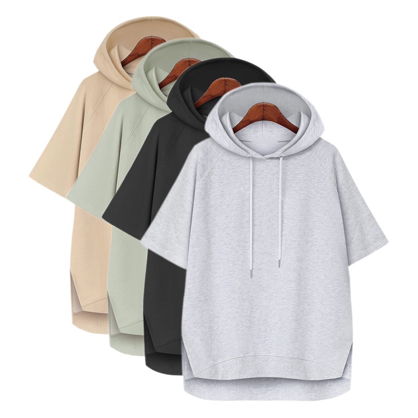 Hooded sweater short sleeve loose slimming personality split Korean style solid color simple summer drawstring all-match casual T-shirt