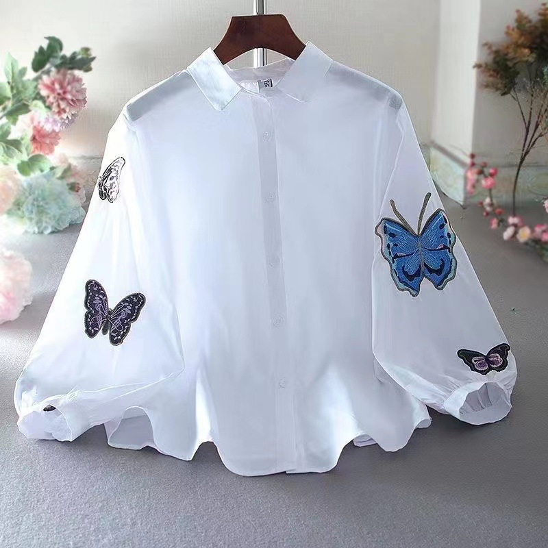 Spring and summer casual fresh embroidery lantern sleeve lapel shirt blouse