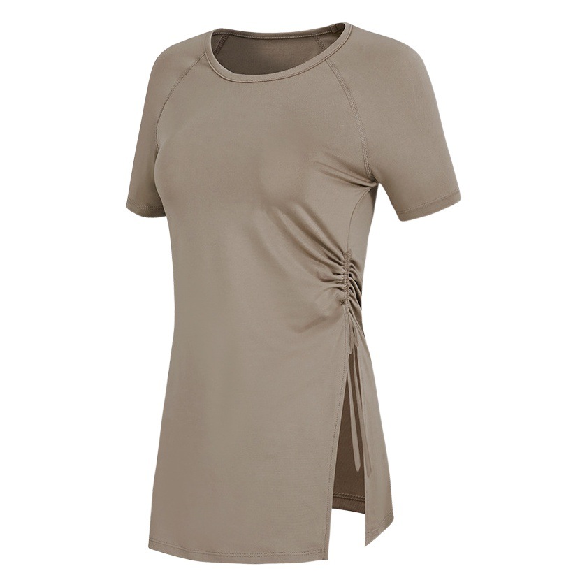 Cross-border Long Sports Short-sleeved Hip Covering Blouse Breathable Quick-drying T-shirt Drawstring Loose Yoga Clothes Thin Top
