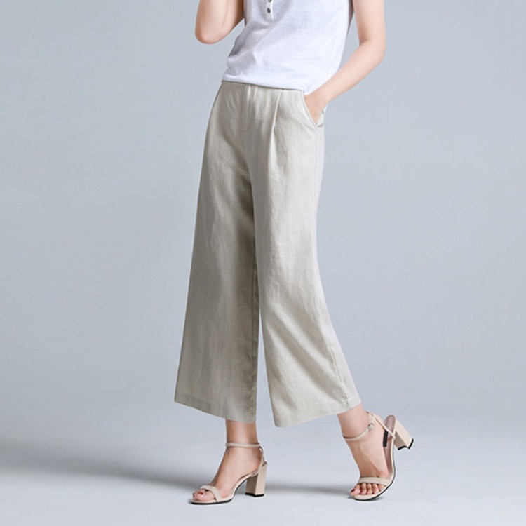 Korean Style Casual Cotton Linen Women's Pants with Buckle Waist 2021 Summer Nine-point Linen Wide-leg Pants Loose High Waist Thin Women's Pants