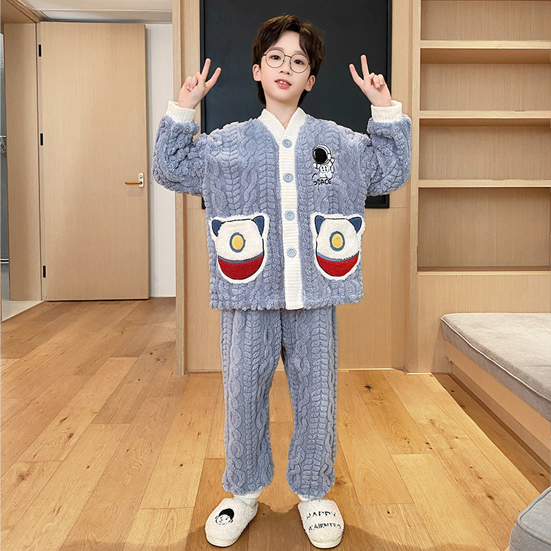 Picture of Children's coral fleece pajamas for boys autumn and winter 2024 new winter jacquard fleece home clothes for teenagers and little boys