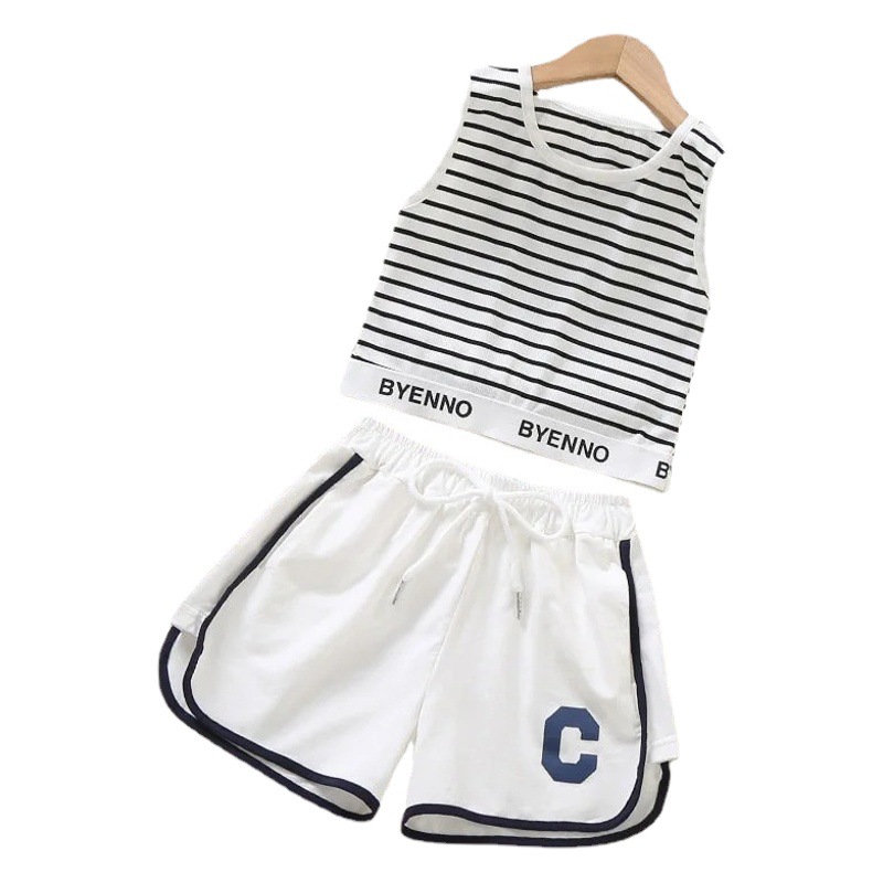 Girl's Striped Vest Set Summer Thin Casual Short Cyber Popular Western Style Children's Two-Piece Sports Shorts Set