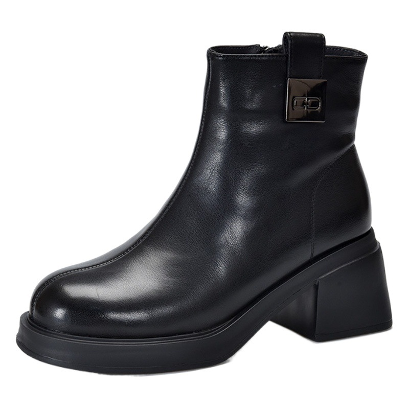 2025 Winter Warm Wool Boots Genuine Leather Thick Heel Short Boots Women's First Layer Cowhide High Heels Side Zipper Slim Boots