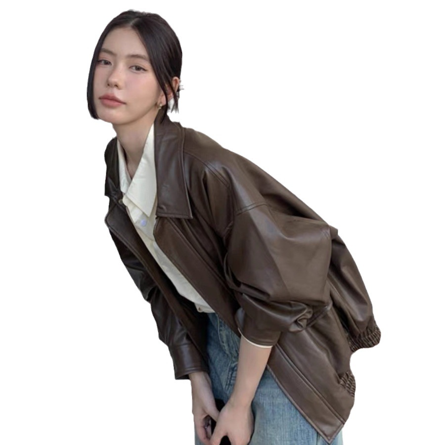 Picture of American Retro Brown Motorcycle Leather Tops Women's 2023 Autumn New Korean Style Leather Tops Top Cross-Border Wholesale