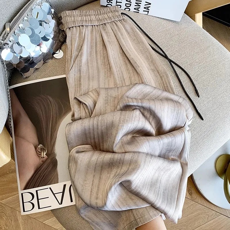 Ink Painting Striped Satin Dirty Ice Silk Wide Leg Pants Women's Summer Lazy Style Straight Dragging Casual Pants