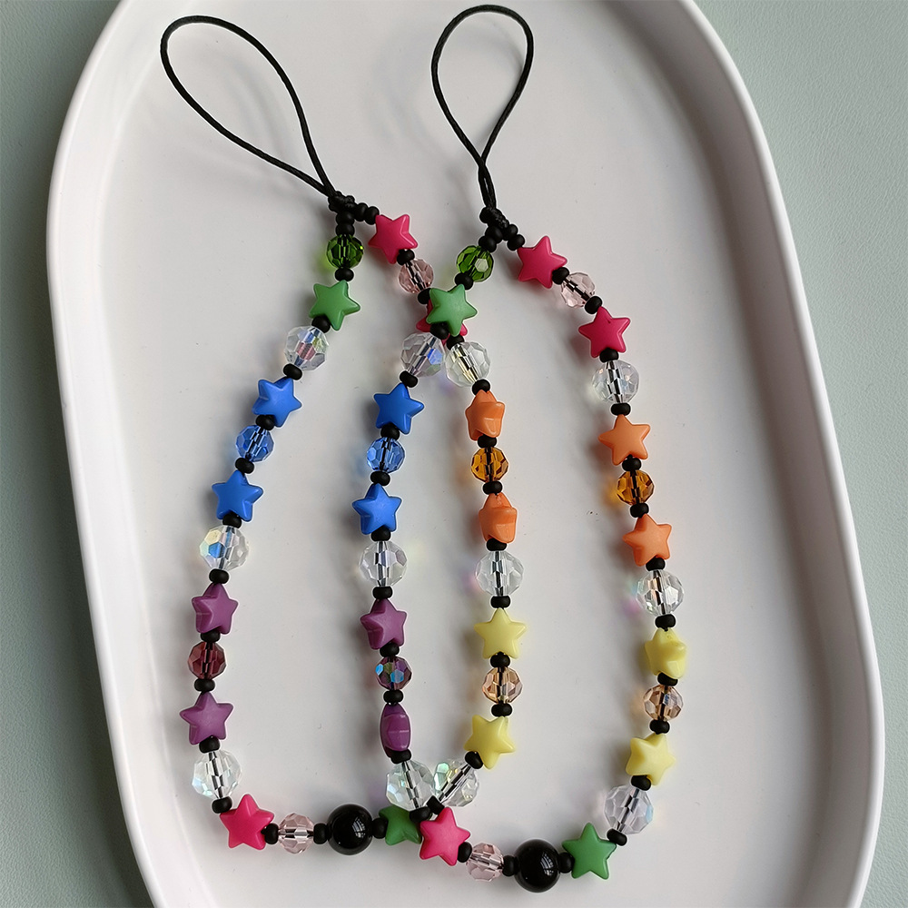 KKBEAD Japanese and Korean Style Personality Fashion Color Five-pointed Star Color Contrast Cool Round Crystal Mobile Phone Chain Girl's Pendant Rope