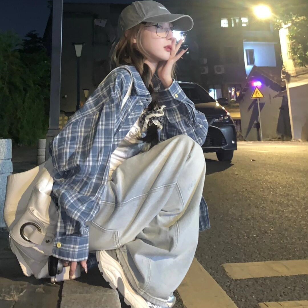 American Niche Blue Plaid Long-sleeved Women's Shirt 2025 Spring and Autumn New Thin Outer Wear Casual Student Top