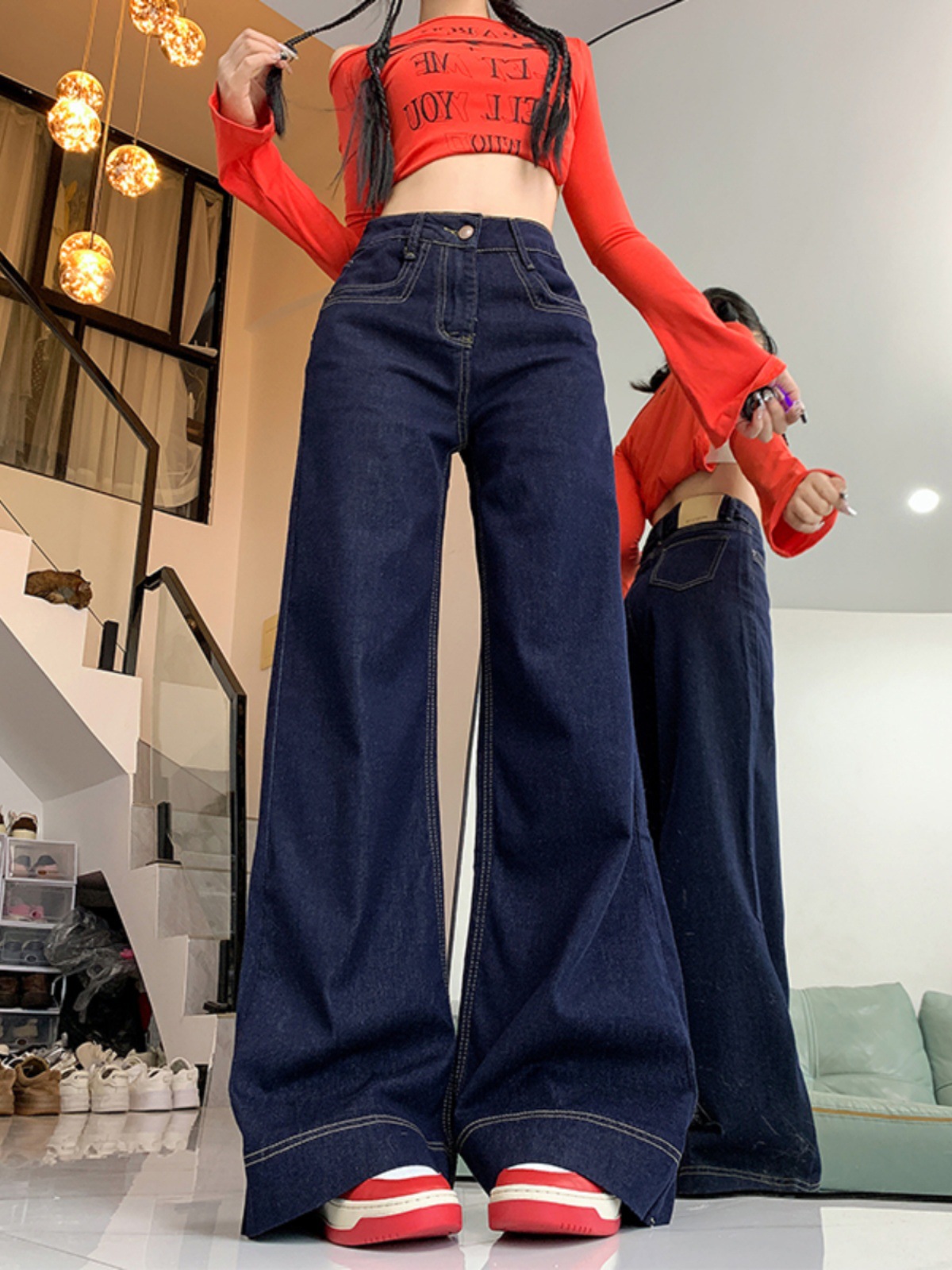 dark blue Wide Leg Jeans Women's Autumn and Winter 2024 New Loose High Waist Small Flared Pants Straight Pants