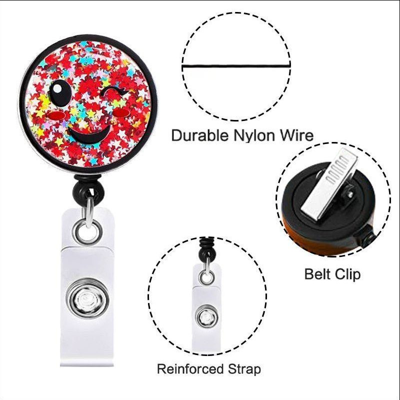 Picture of Acrylic Hollow Sand Easy Pull Buckle Cartoon Smiley Needle Retractable Rotating Easy Pull Badge Reel