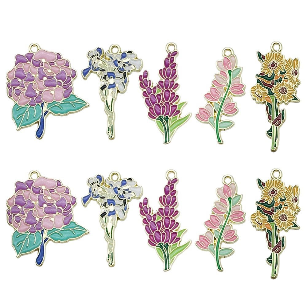 Picture of Mix 10 Botanical bouquet of lily orchid sunflower carnation alloy pendant DIY bracelet jewelry accessories pendant