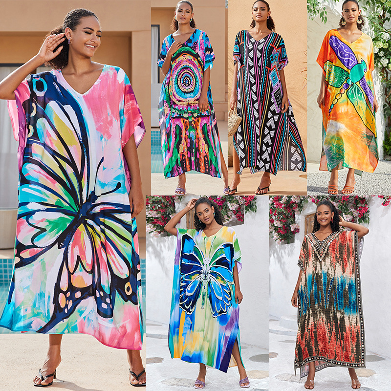 Cross-border European and American Cotton Printed Vacation Loose Large Size Long Dress Beach Jacket Long Dress Bikini Outer Blouse
