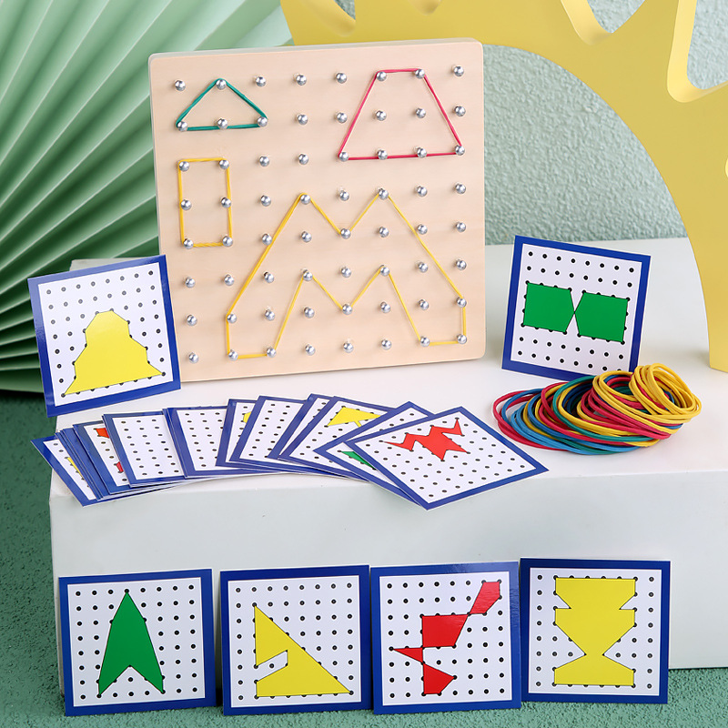Picture of Wooden Early Education Mathematics Nail Board Geometry with Card Graphics Creative Rubber Band Nail Board Kindergarten Montessori Teaching Aids