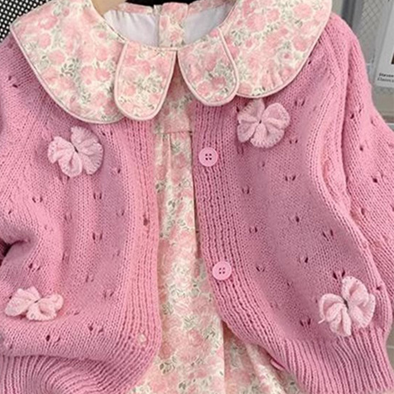 Sweet 2024 Autumn and Winter New Girls' Single-breasted Knitwear Pink Sweater Coat Baby Girls' Casual Sweater