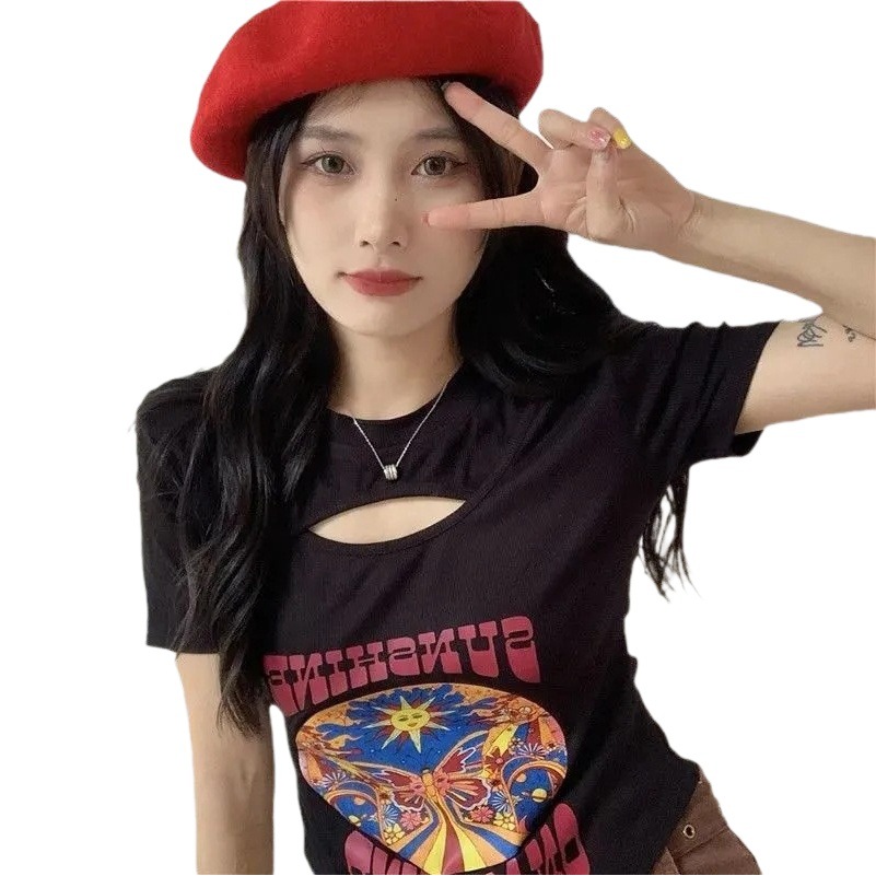 Design Sense Hollow Print Short-sleeved T-shirt Women's Summer New Style Chic Slim-fit Sexy Base Shirt Irregular Top